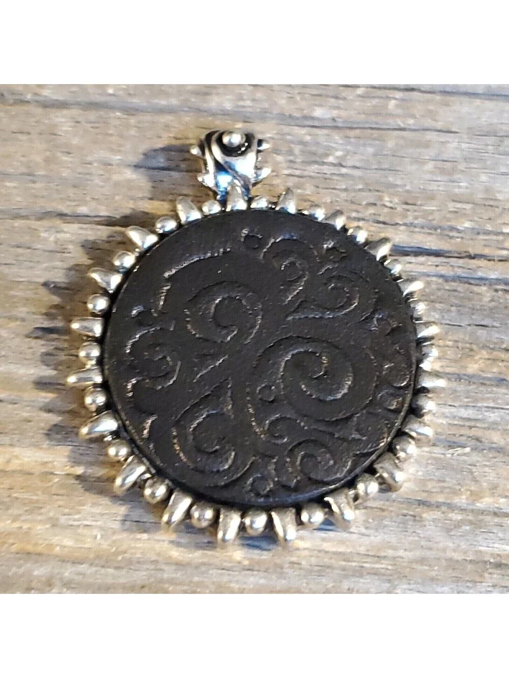 Vintage Black Leather Embossed Swirls Bali Style Bail Silver Pewter Pendant